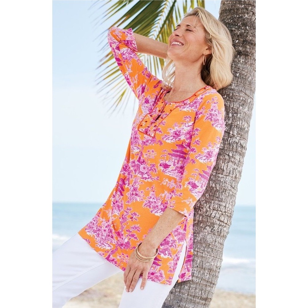 Soft Surroundings M Rebecca Knit Tunic‎ Oriental Print Orange Embellish Vacation